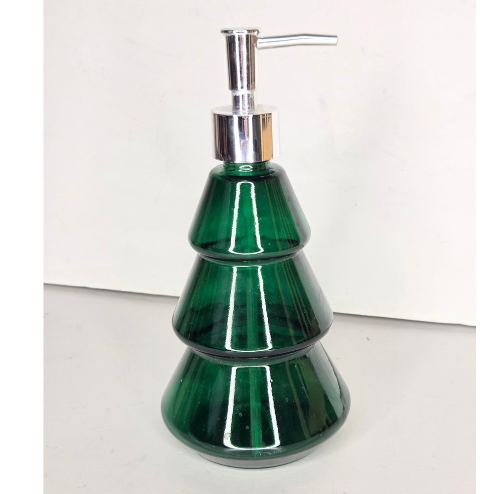 Green Glass Christmas Tree Soap Dispenser Chrome Pump Holiday Decor